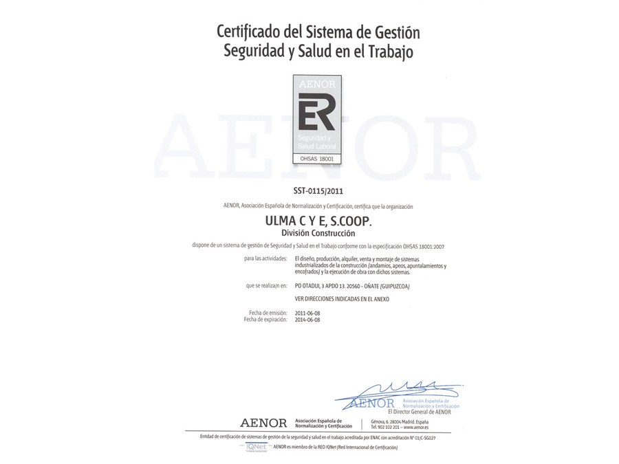 ULMA Construcción ha obtenido el certificado OHSAS 18001