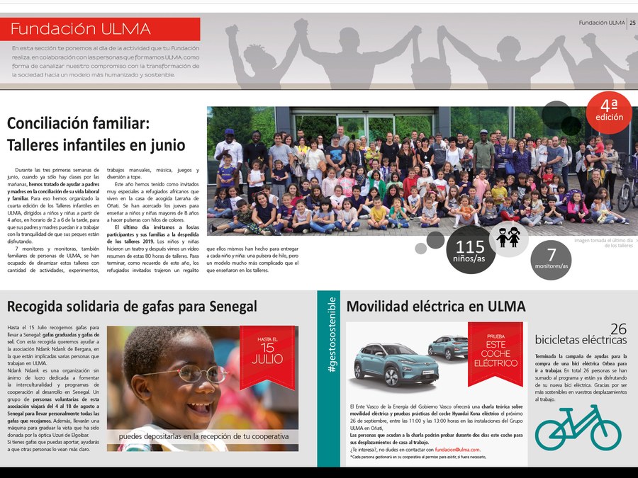 Talleres infantiles en junio, Recogida solidaria de gafas para Senegal y Movilidad eléctrica en ULMA